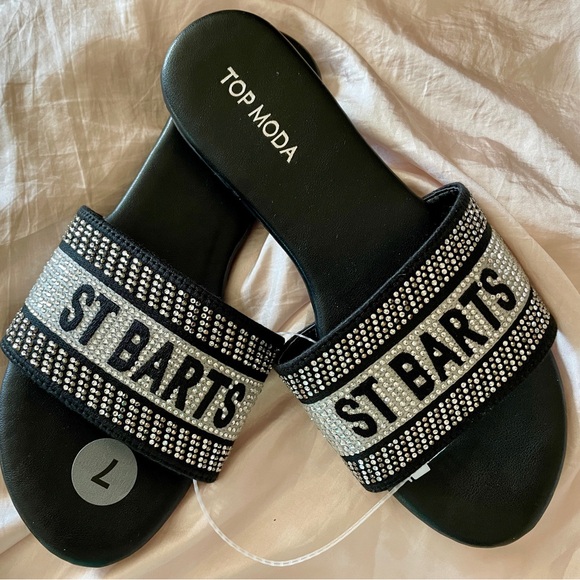 Chic Top Moda NWT Rhinestone ST. BARTS Slip-On Flat SANDALS size 7 - Picture 2 of 10